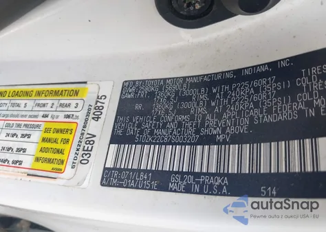 2007 Toyota Sienna из США, поврежденный, VIN 5TDZK22C87S003207